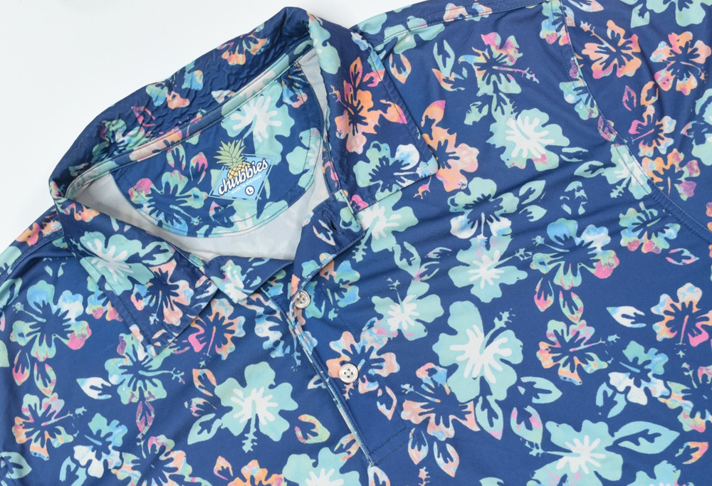 Chubbies The Floral Reef Polo Shirt Mens Large Blue Pink Short Sleeve Stretch